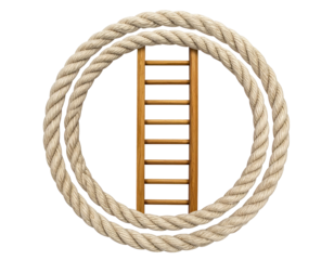 Wooden ladder centrally framed within a double ring of coiled rope. Background is pure black