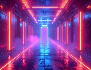 Futuristic corridor with neon lights, a glowing door, and fog