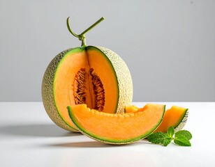 Close-up of ripe, halved melon with slices and mint garnish