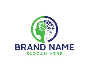 Creative logo design featuring a human head silhouette with a tree inside, symbolizing growth, knowledge, and connection to nature isolated on white background