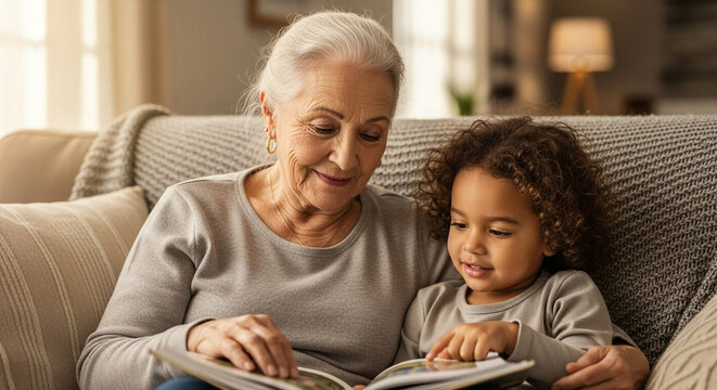 Happy grandmother and granddaughter reading a book together on the sofa at home