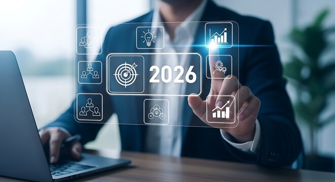 Businessman interacting with futuristic digital interface displaying year 2026 and business growth icons on a modern office desk