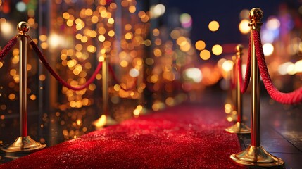 Luxurious velvet rope stanchions line a sparkling red carpet leading toward blurred celebratory lights at night
