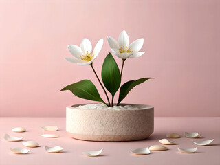 Delicate white flowers in a pot with scattered petals on a soft pink background