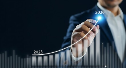 Businessman drawing an upward trending growth chart from 2023 to 2029 symbolizing financial success and future prosperity