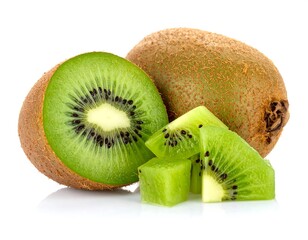 Close-up of sliced and whole fuzzy-skinned fruit on white background