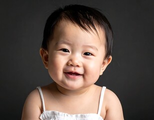 Close-up of smiling, chubby-cheeked baby with dark hair