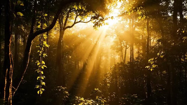 Timelapse of dramatic sunlight rays piercing through the dense rainforest canopy, creating shifting patterns of light and shadow jungle, forest, nature