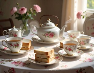 Elegant tea setting with sandwiches, teapot, cups, and floral accents