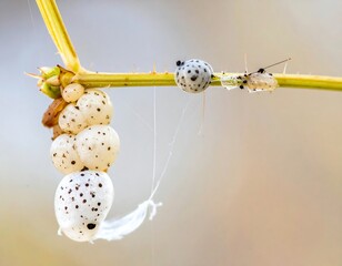 Close-up photo of insect eggs clustered on a thorny plant stem