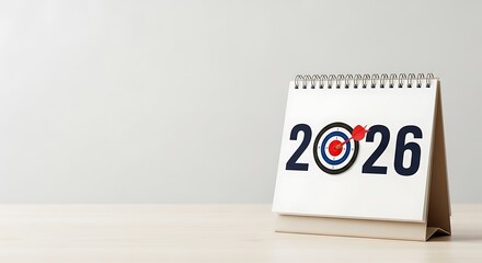 Desktop calendar showing the year 2026 with a target and dart symbolizing future goals and planning