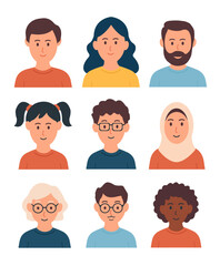 Simple Flat Style Different People Avatar Portraits with Various Ethnicities, A collection of nine unique, simple, and flat-style avatar portraits featuring a diverse range of individuals.