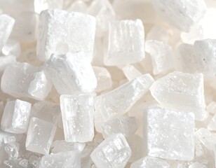 Close-up photo of translucent, irregularly shaped, crystalline sugar crystals