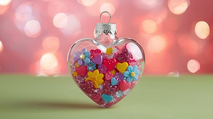 A glass ornament filled with vibrant floral designs, heart patterns, and pastel glitter for Mothera??s Day.