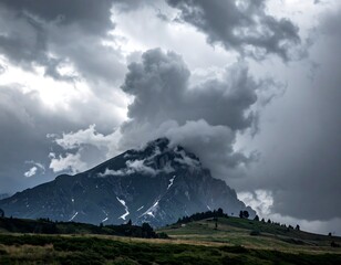 Dramatic mountain peak shrouded in ominous storm clouds