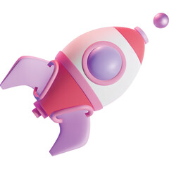 Pink and Red 3D Cartoon Rocket Ship with Purple Accents and a Small Orb in Space