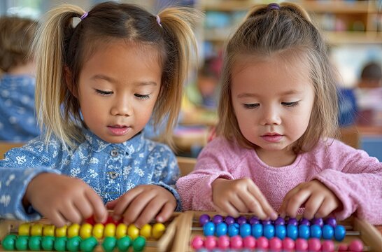 two young girls playing with wooden toys in the classroom, a children's educational game at a kindergarten or pre-school class for math learning and calculator development during activity time.