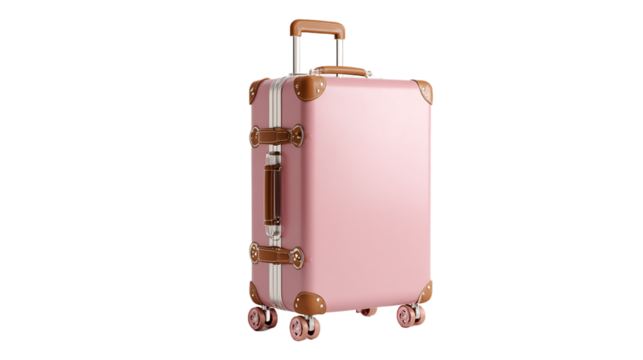Stylish Pink Suitcase with Brown Accents Isolated on Transparent Background for Travel and Vacation Packing Concepts Detailed Isolated Shot, PNG