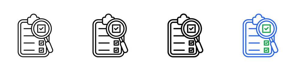 Assessment vector outline icon set with line weight and two color variation. Ideal for task review, audit checklist, and business evaluation