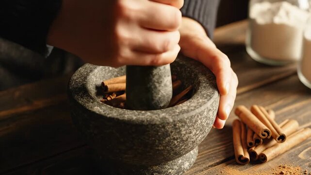 Mortar and Pestle Grinding Cinnamon - Hands grind cinnamon sticks in a grey mortar with a pestle on a wooden table. Baking and cooking ingredients are visible nearby.