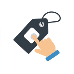 A hand presses a digital button on a price tag, symbolizing online shopping, discounts, and the act of making a purchase in a modern consumerist setting.
