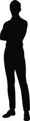 Silhouette of confident man with arms crossed, standing tall, assertive posture, vector illustration of self-assurance, power, and leadership