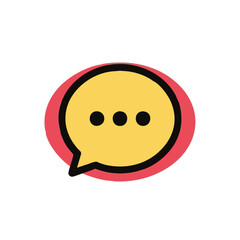 A vibrant illustration features a yellow speech bubble with three dots, set against a red oval, symbolizing communication and dialogue.
