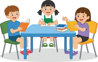 Children studying together, group learning activity, reading books, writing notebook, educational teamwork, classroom scene, kids education, colorful chairs, school table, collaborative study