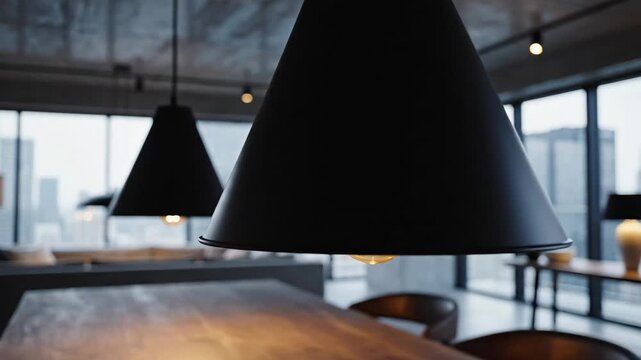 Modern Interior with Hanging Lamps - This interior scene features a modern design with three black cone-shaped lamps suspended from the ceiling.
