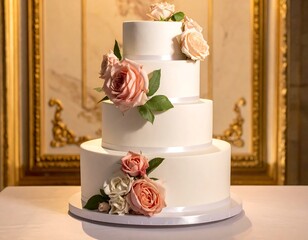 Elegant tiered cake adorned with roses, set against ornate backdrop