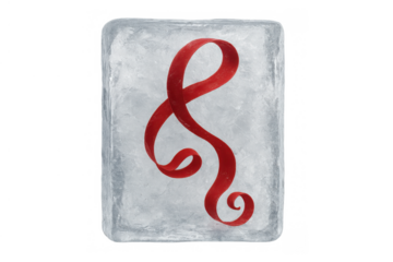 Red awareness ribbon encased in a block of ice, symbolizing preservation and frozen progress on transparent background