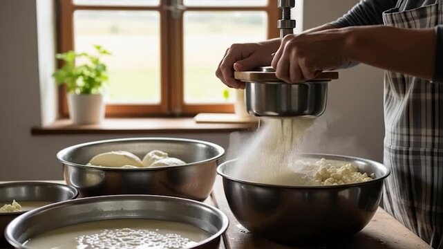 A person is making cheese in the kitchen with several bowls of ingredients on the counter.