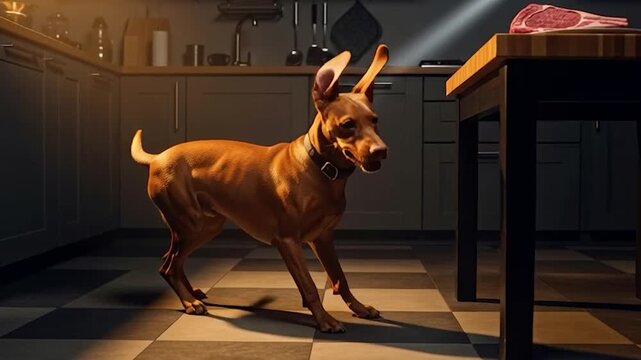 A mischievous dog attempts to steal a piece of meat from a kitchen counter captured in a series of dynamic shots.
