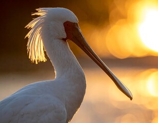 Elegant white bird with a spoon-shaped bill against a blurred sunset