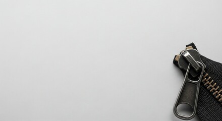 Minimalist Corner View of a Black Fabric Zipper with an Aged Metal Slider on Gray