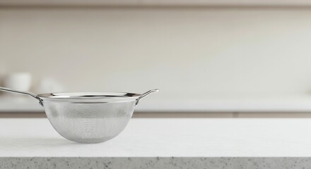 Stainless Steel Mesh Strainer on Granite Countertop, Minimalist Kitchen Still Life