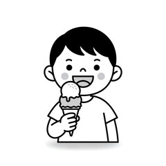 Happy boy enjoying ice cream cone, black and white minimalist vector illustration showing cheerful childhood and sweet moment