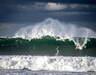 Dramatic ocean wave cresting under a brooding, dark sky