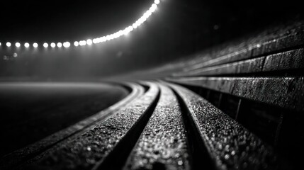 Night stadium seating illuminated by lights in monochrome photography