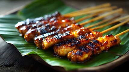 Grilled skewered food coated with sweet glaze rests upon a large green leaf