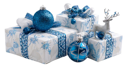 Festive christmas presents and ornaments isolated on transparent background.