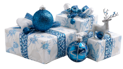 Festive christmas presents and ornaments isolated on transparent background.