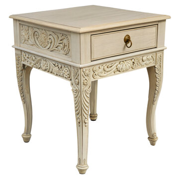 Antique french provincial style bedside table with carved details