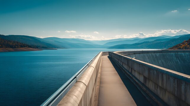 Concrete structure curves along the edge of a vast blue reservoir surrounded by rolling hills