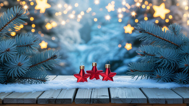 Red star ornaments on snowy wooden surface with christmas tree branches and bokeh lights behind it