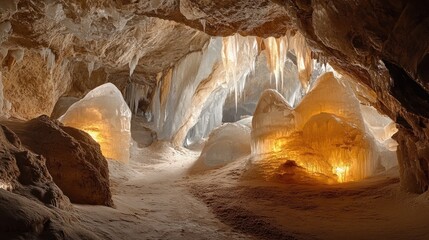 Icy cave formations illuminated by warm light