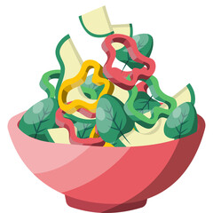 Pink bowl of salad with colorful bell peppers spinach and creamy dressing with healthy ingredients and a clear background