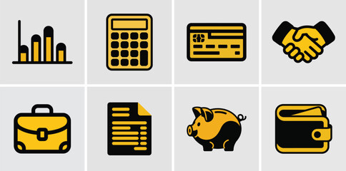 Financial Icons Set With Yellow and Black Colors finance