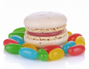 Colorful Candy Circle with Vanilla Macaron on White Background