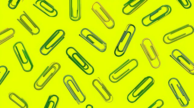 Vibrant seamless pattern of green office fasteners scattered across a bright yellow background